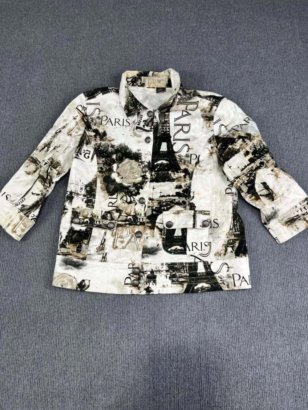 Womens Cream Black Paris Eiffel Tower Print Button Front Jacket Small